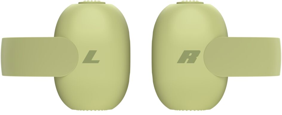 Écouteurs intra-auriculaires sans fil vert olive avec marquages L et R sur fond blanc.