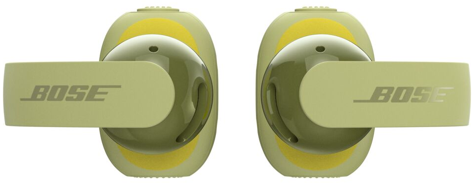 Écouteurs Bose Ultra Open verts avec des accents jaunes sur fond blanc.
