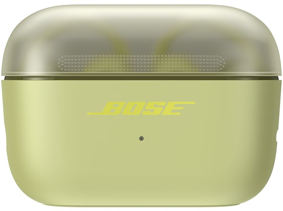 Étui de charge pour écouteurs Bose jaune avec couvercle semi-transparent et logo.