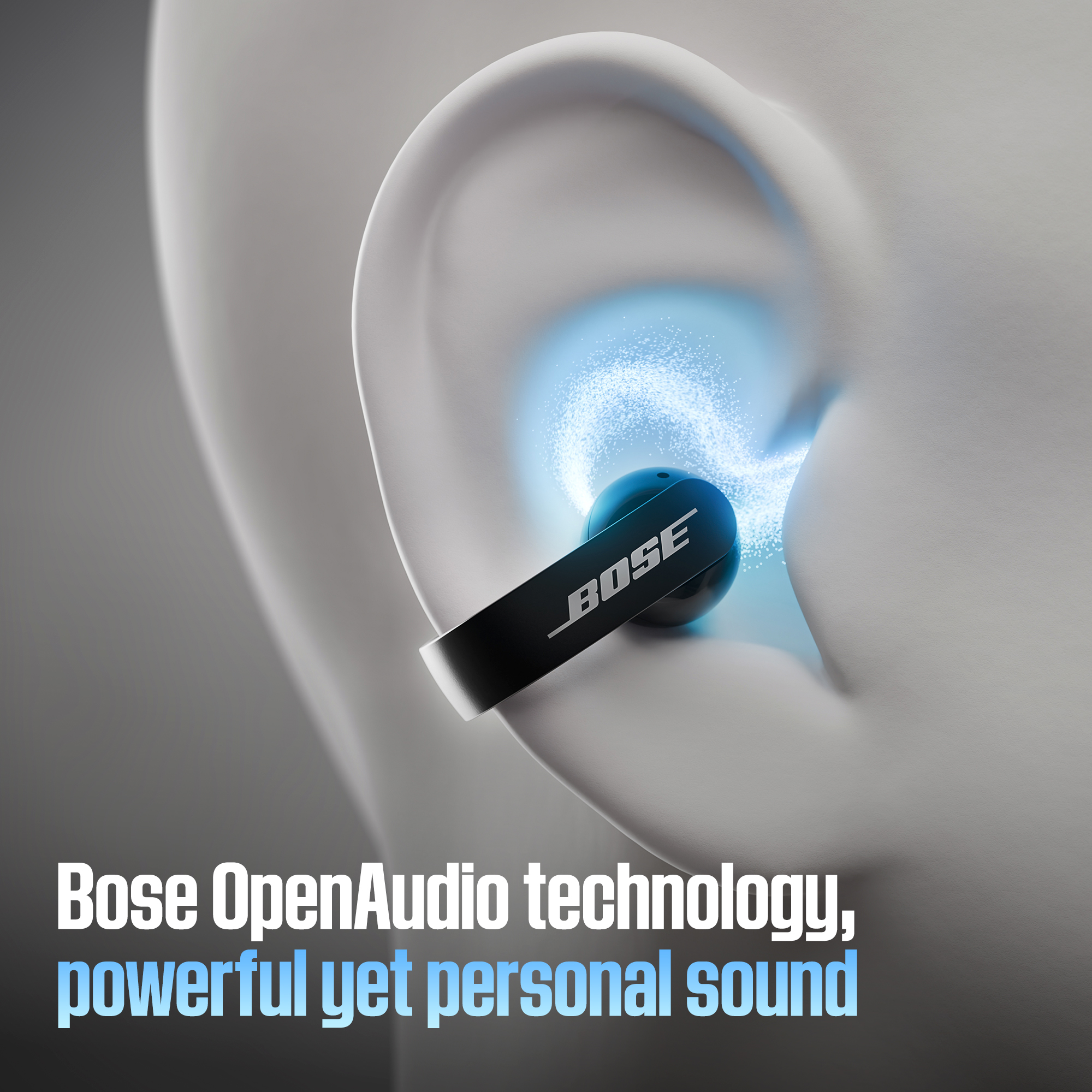 Un écouteur Bose dans une oreille blanche entourée de lumière bleue, avec du texte en bas.