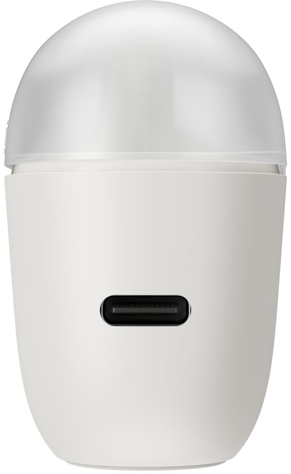 Un capuchon cylindrique blanc avec une ouverture de port USB-C sur le devant.