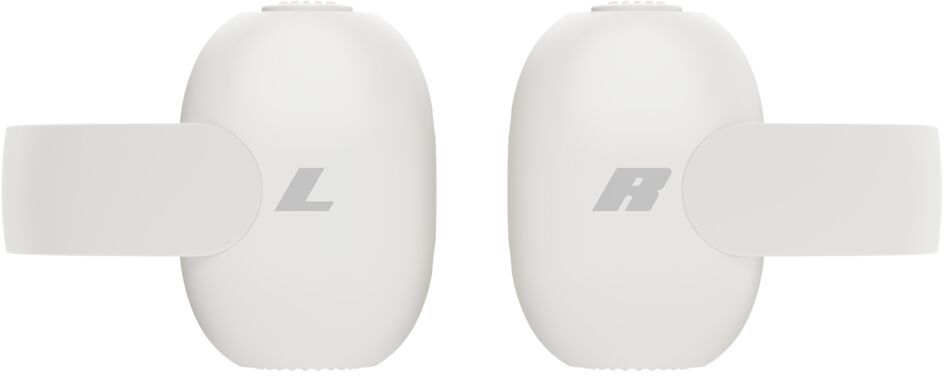 Deux écouteurs sans fil blancs avec les marquages L et sur fond blanc.