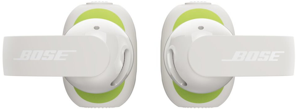 Écouteurs blancs Bose Ultra Open avec accents vert lime sur fond blanc.