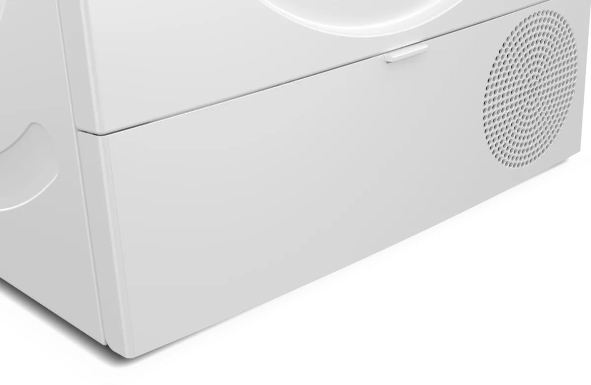 Primer plano del panel frontal blanco de una secadora con una rejilla de ventilación inferior.
