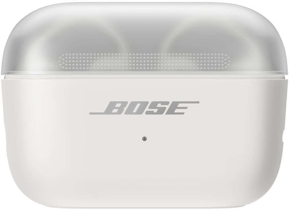 Un boîtier de charge blanc Bose avec couvercle translucide, logo argenté et petit indicateur LED.