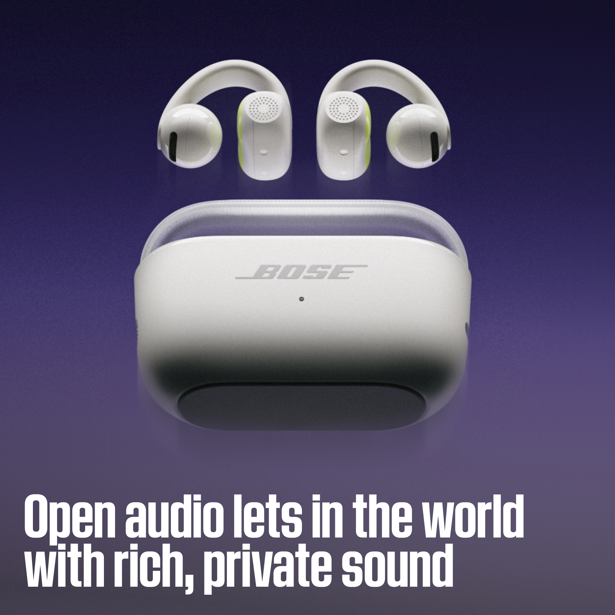 Écouteurs Bose Ultra Open blancs avec étui sur fond violet et texte.