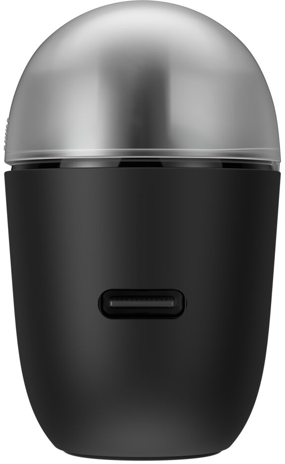 Un appareil noir mat et arrondi avec un capuchon argenté et un port USB-C central sur fond blanc.
