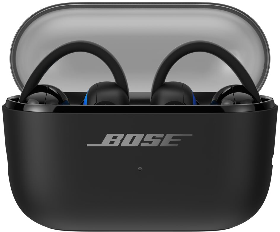Boîtier de charge Bose noir avec couvercle ouvert et écouteurs noirs à l'intérieur.