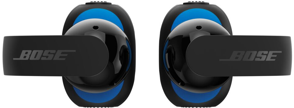 Deux écouteurs noirs Bose avec des accents bleus et le logo sur fond blanc.
