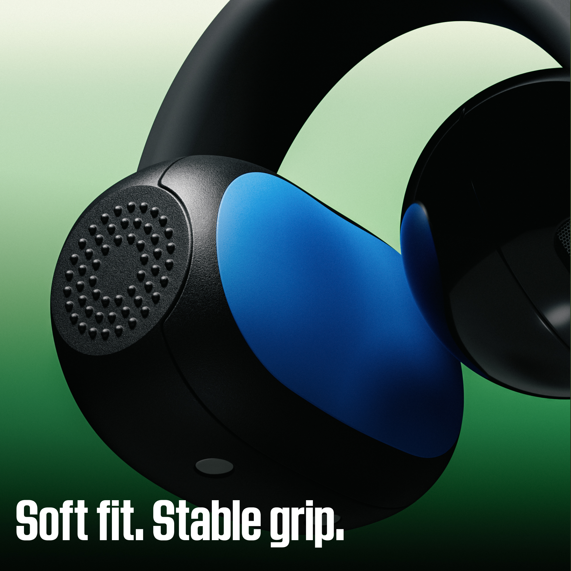 Casque noir et bleu sur fond vert avec le texte Soft fit. Stable grip.