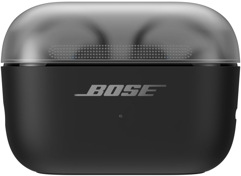 Boîtier de charge Bose noir avec couvercle brillant et logo.