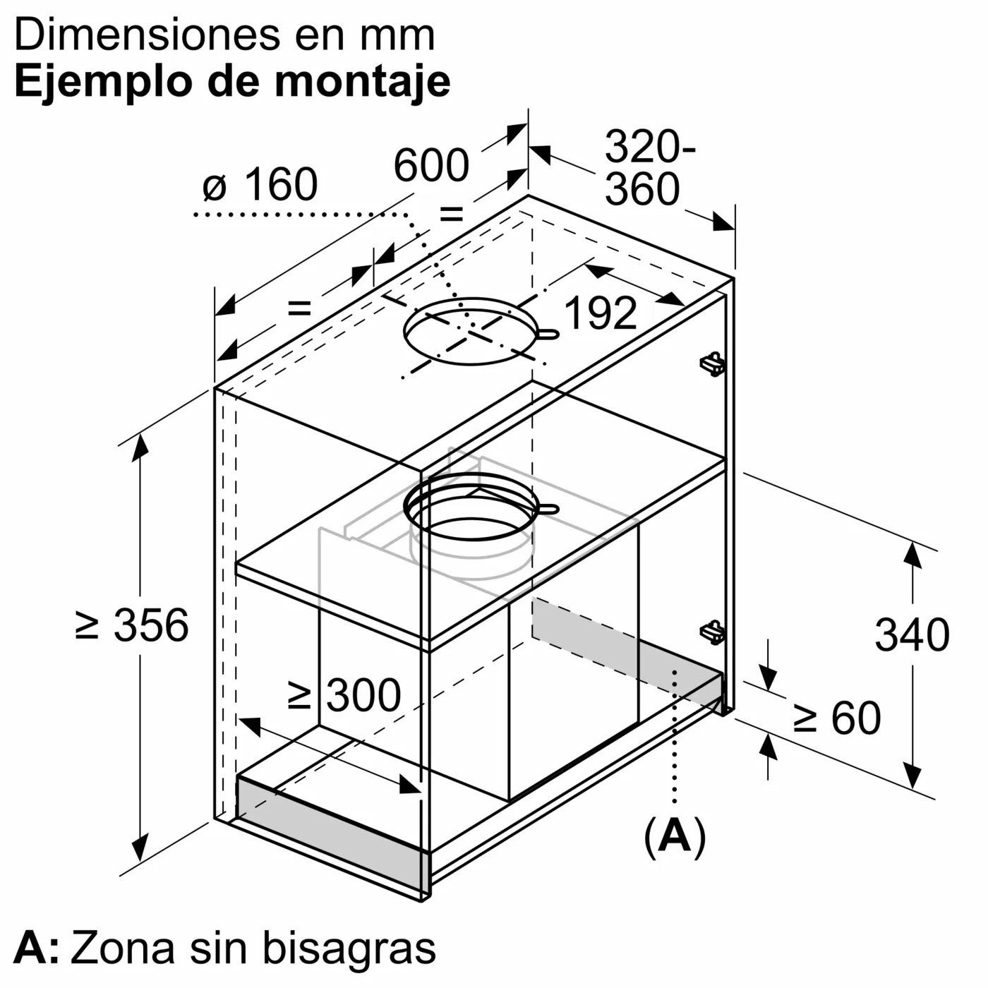 Dibujo técnico de un armario con dimensiones en milímetros para montaje.