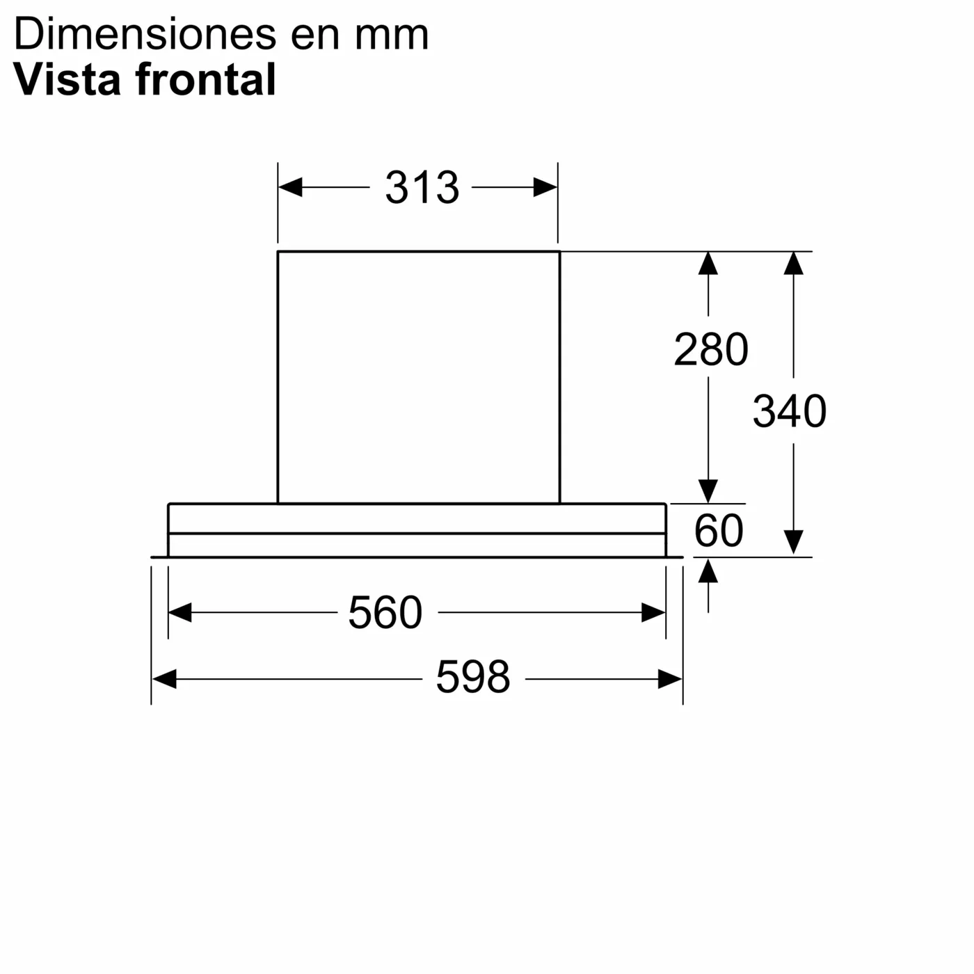 Dibujo técnico de una campana extractora con cotas en milímetros, vista frontal.