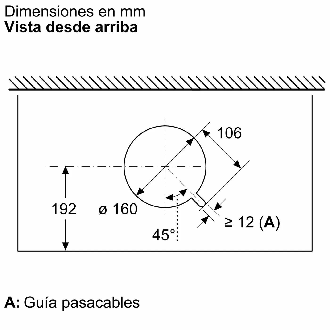 Dibujo técnico de una vista superior con cotas y una guía de cables.