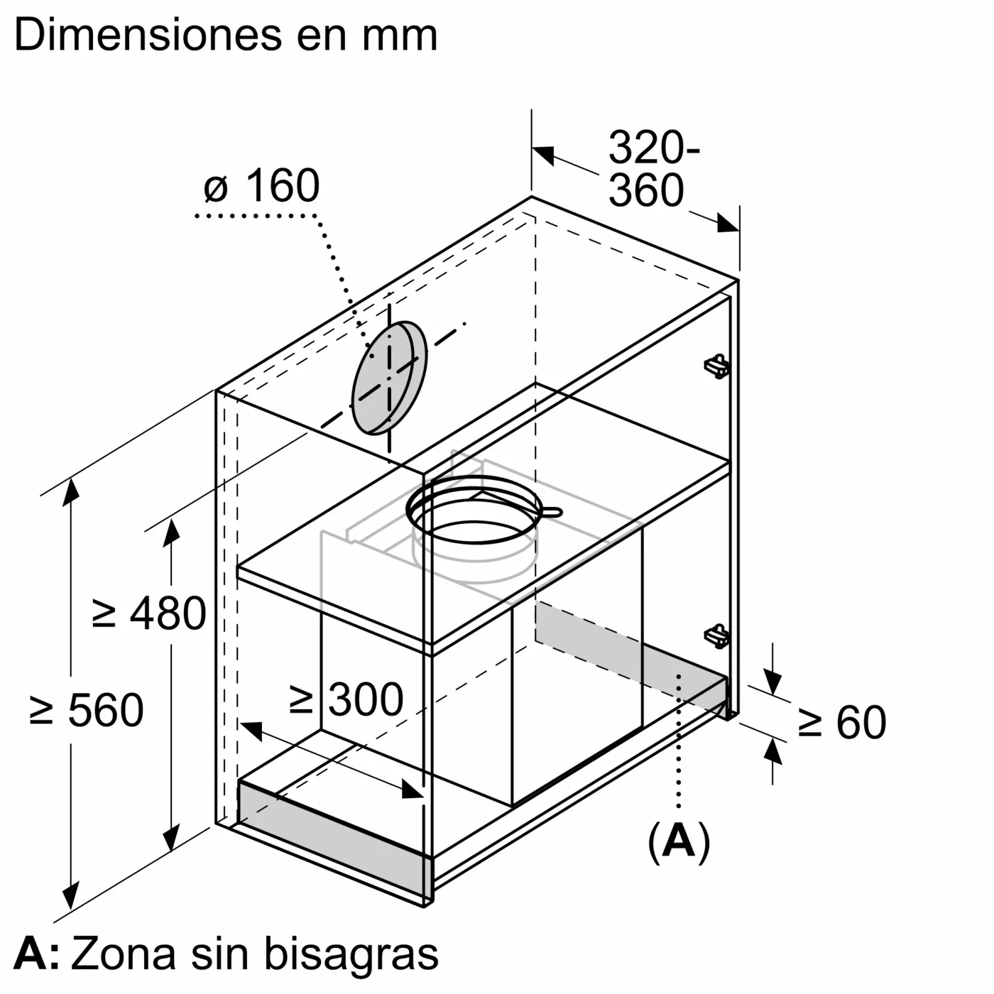 Dibujo técnico de un armario de cocina con dimensiones en milímetros.