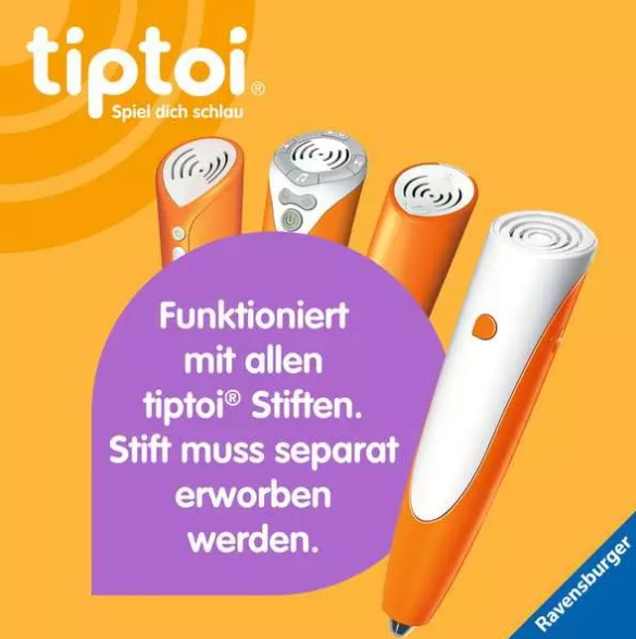 Vier orange-weiße Tiptoi-Stifte auf orangefarbenem Hintergrund mit Text.