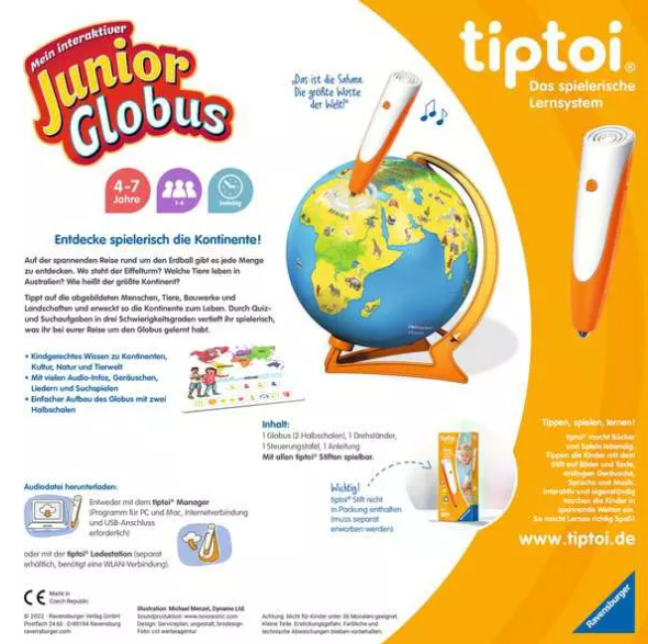 Tiptoi Junior Globus Verpackung mit blauem Globus und orangem Stift vor gelbem Hintergrund.