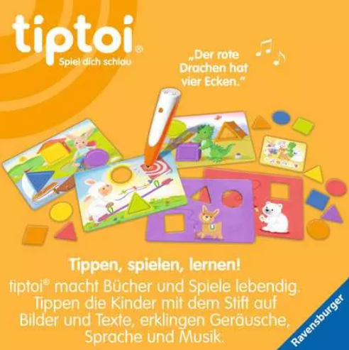 Tiptoi Lernspiel mit bunten Karten, Formen und einem interaktiven Stift auf orangefarbenem Hintergrund.
