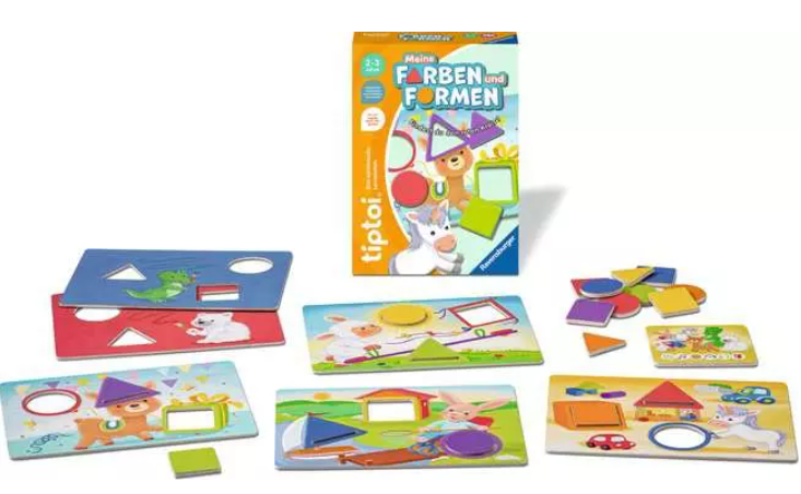 Ravensburger Tiptoi Lernspiel 'Meine Farben und Formen' mit bunten Stecktafeln und Holzformen.