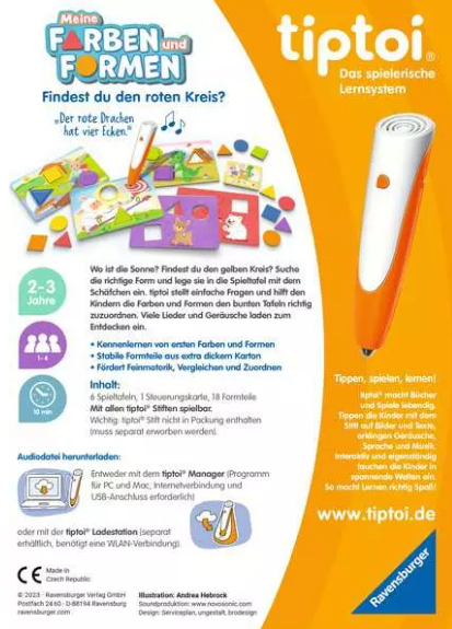 Tiptoi Lernspiel 'Meine Farben und Formen' mit bunten Tafeln, Formen und einem orangen Lernstift.