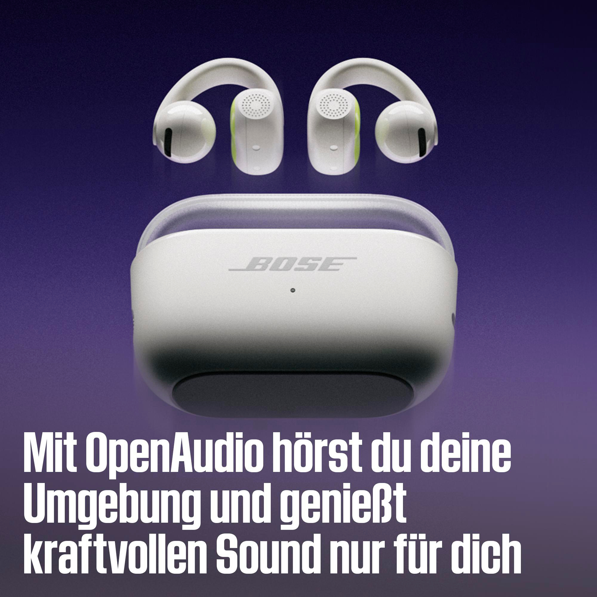 Weiße Bose-Kopfhörer mit Ladecase und offenem Design über violettem Hintergrund.