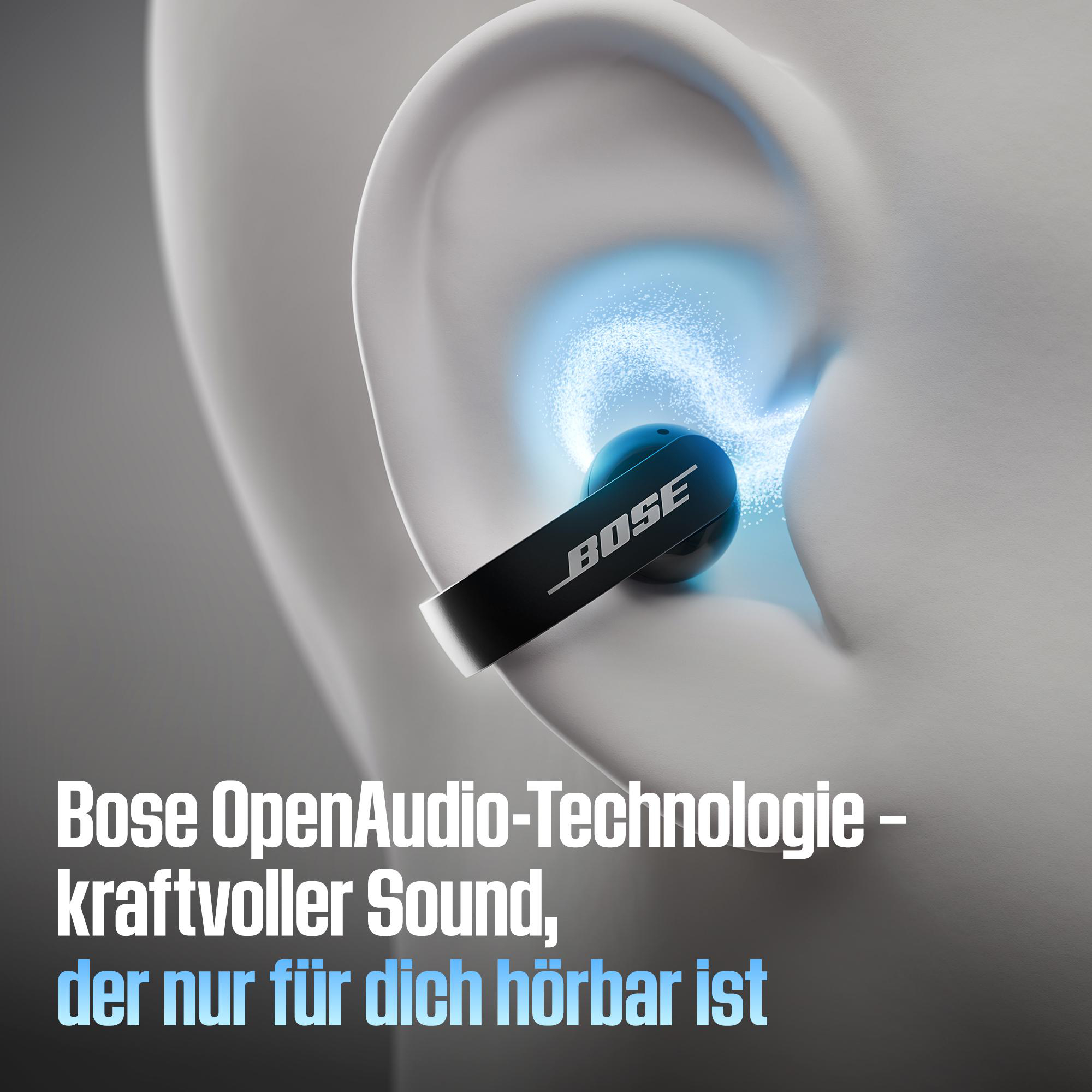 Ein Bose-Ohrhörer in einem weißen Ohr mit blauem Lichteffekt und Text.
