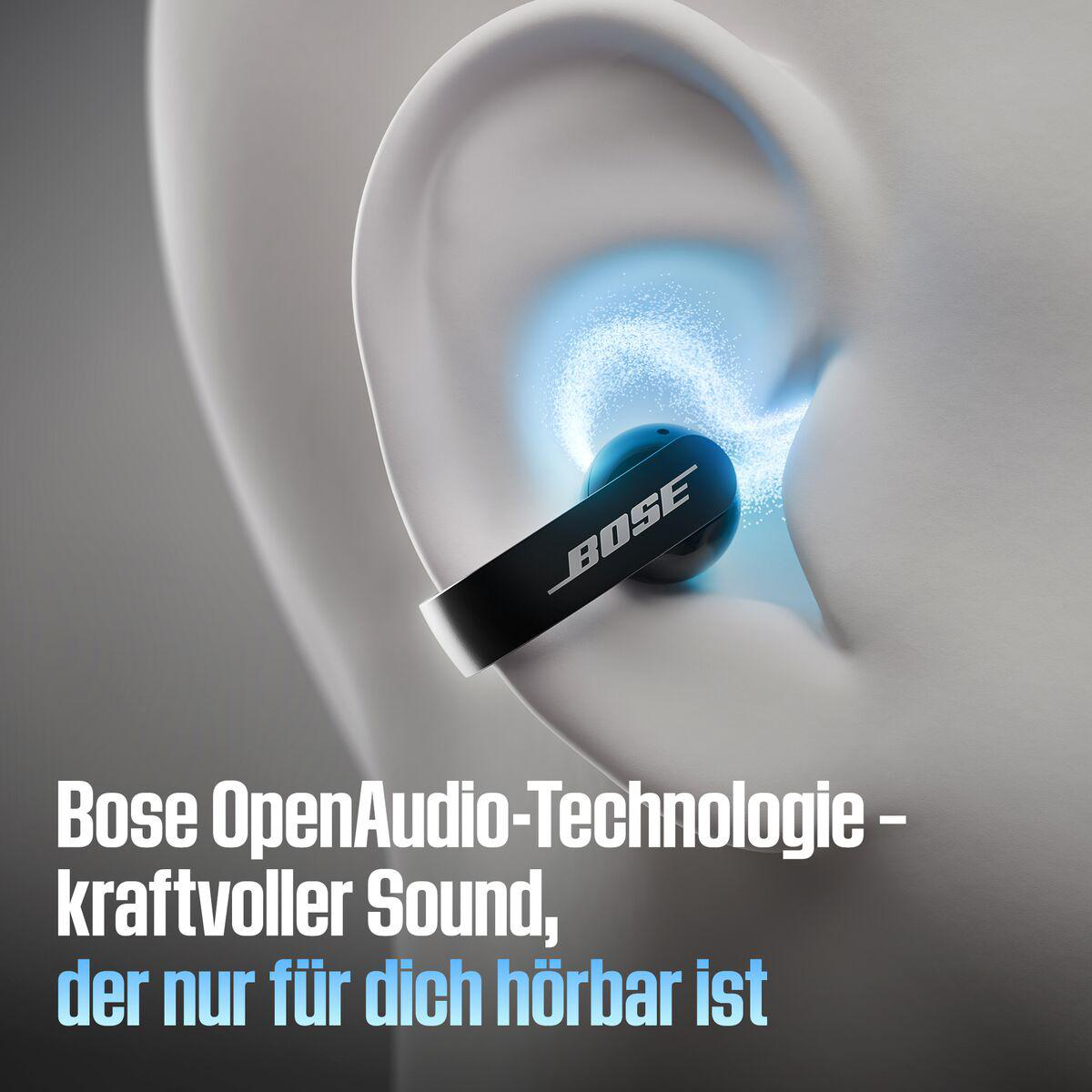 Ein Bose-Ohrhörer in einem weißen Ohr mit blauem Lichteffekt und deutschem Werbetext unten.