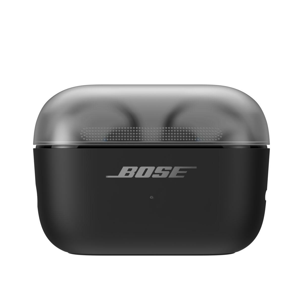 Ein schwarzes Bose Wireless-Ohrstöpsel-Ladeetui mit transparenter Oberseite und weißem Bose-Logo.