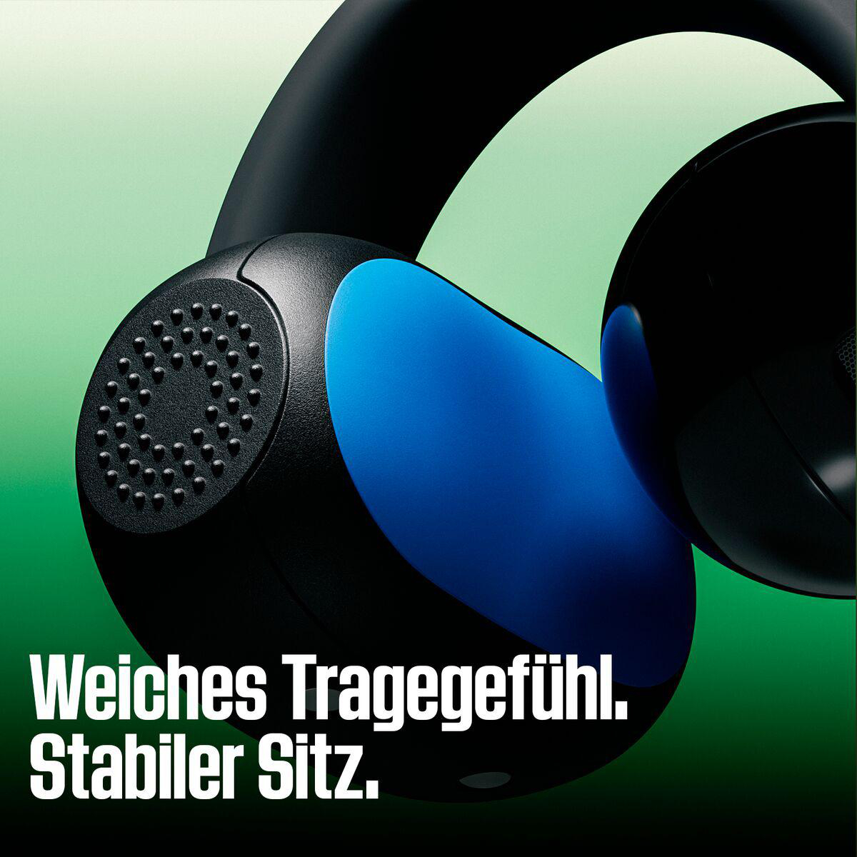 Schwarze Kopfhörer mit blauen Kissen auf grünem Hintergrund und Text Weiches Tragegefühl. Stabiler Sitz.