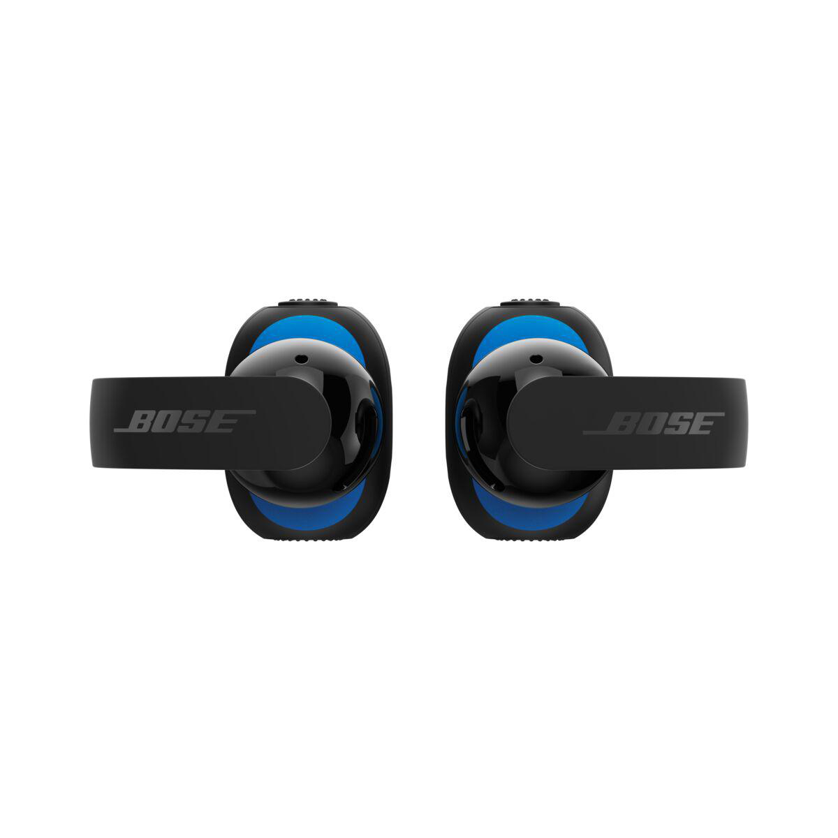 Zwei schwarze Bose-In-Ear-Kopfhörer mit blauen Akzenten und Markenlogo liegen nebeneinander vor weißem Hintergrund.