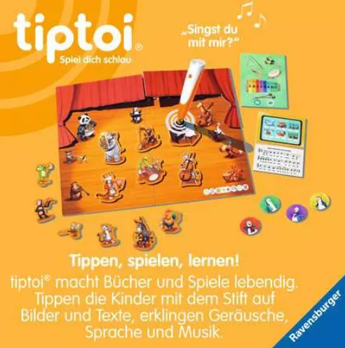 Tiptoi Lernspiel mit interaktivem Stift, Tieren als Musikanten auf einer Bühne und bunten Karten auf gelbem Grund.