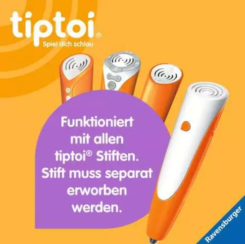 Vier Tiptoi-Stifte vor gelbem Hintergrund mit Text auf violettem Kreis.