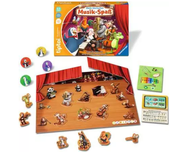 Brettspielset mit Musik-Thema, Tiermotiven, Spielbrett, Box und kleinen Pappfiguren auf weißem Hintergrund.