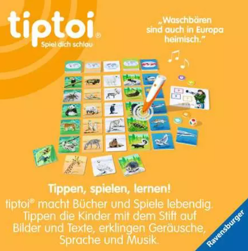 Tiptoi Lernspiel mit Tiermotiven und einem interaktiven Stift auf gelbem Hintergrund.