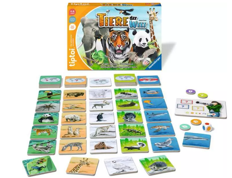 Das Tiptoi-Spiel 'Tiere der Welt' mit Spielschachtel, Tiermarken, Spielsteinen und Würfel auf weißem Grund.