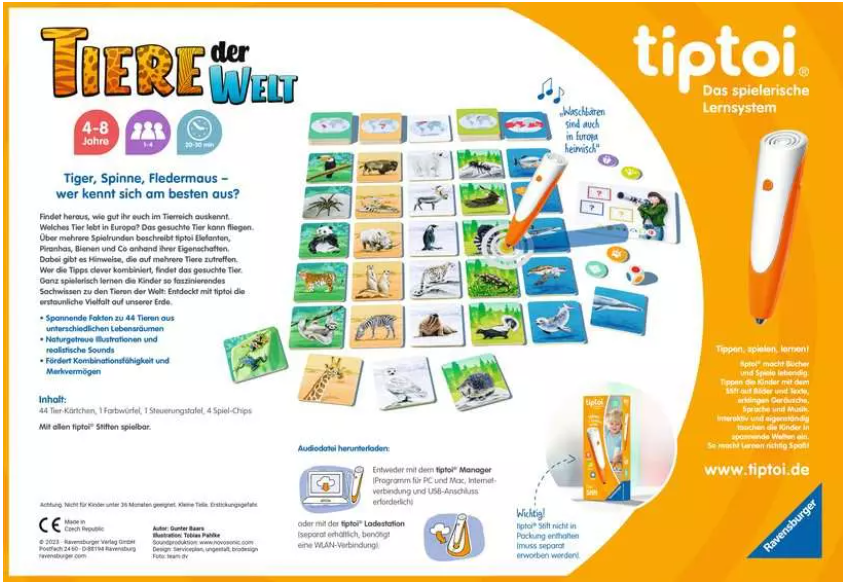 Tiptoi Lernspiel Tiere der Welt Box mit Karten und einem orange-weißen Stift auf gelbem Hintergrund.