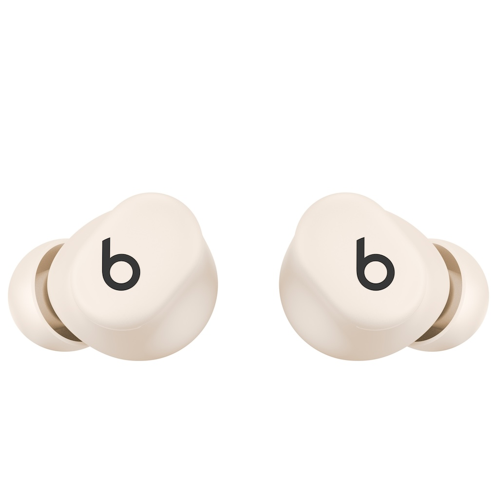 Auriculares inalámbricos intraurales de color blanco crema con el logotipo de Beats en negro.