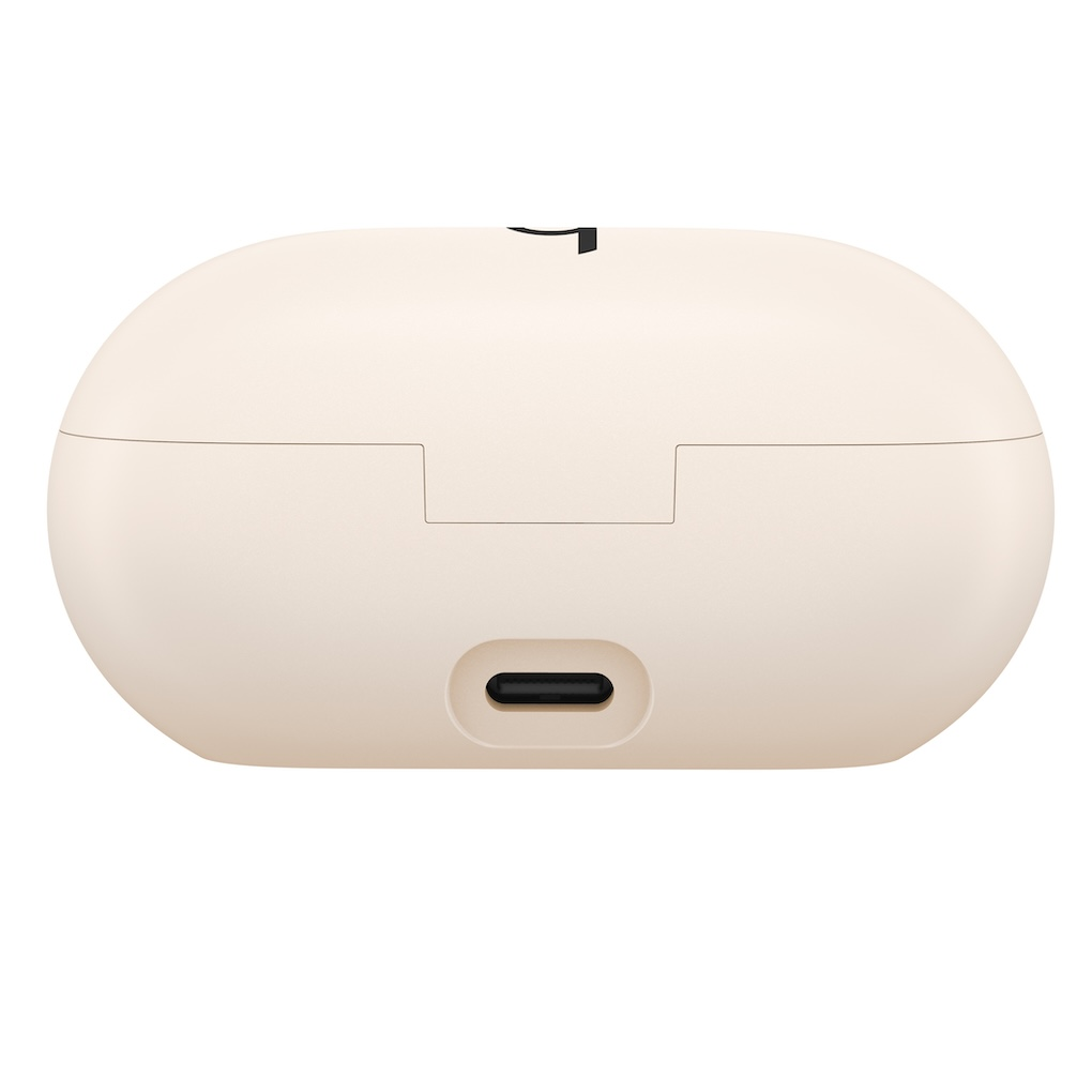 Estuche de carga ovalado beige con un puerto USB-C centrado en la parte inferior.