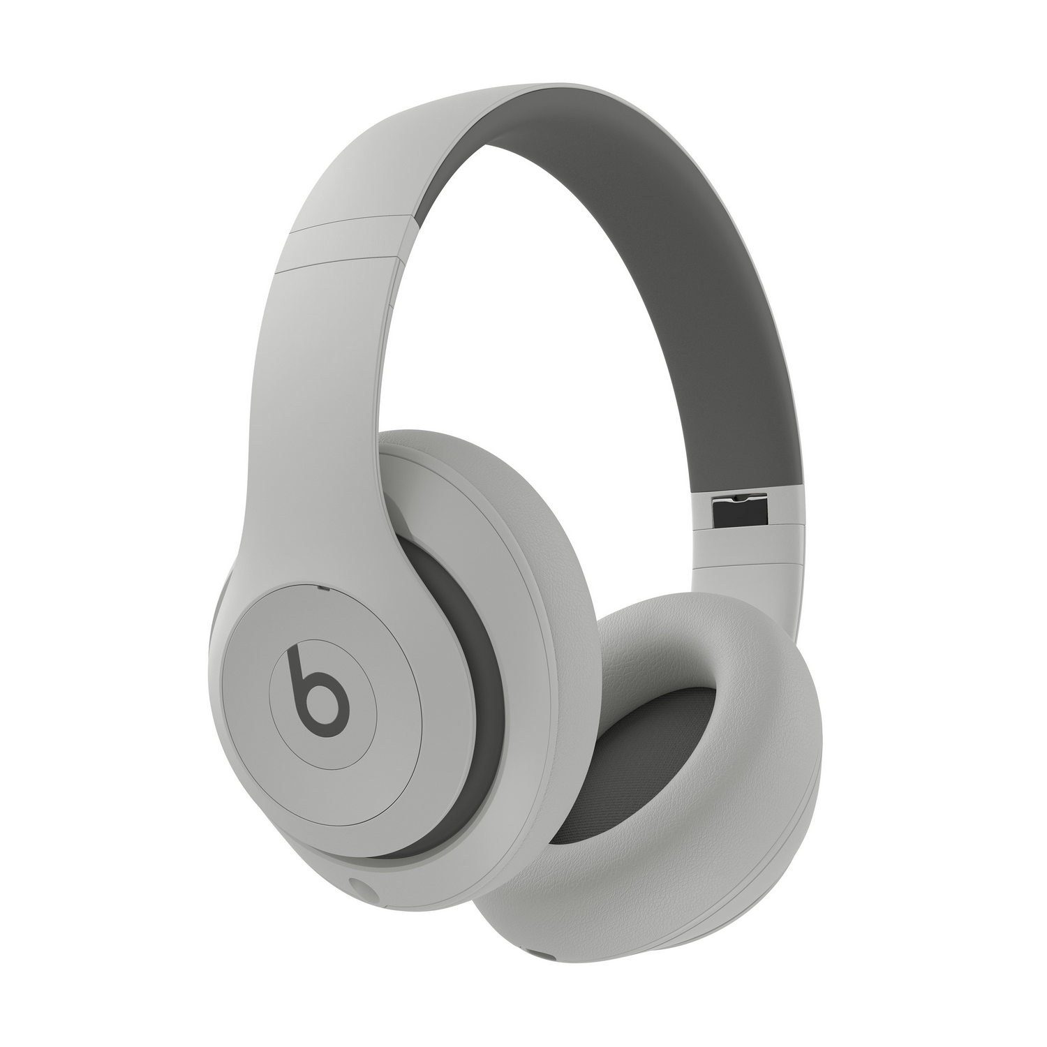 Auriculares supraaurales Beats grises con almohadillas suaves sobre fondo blanco.