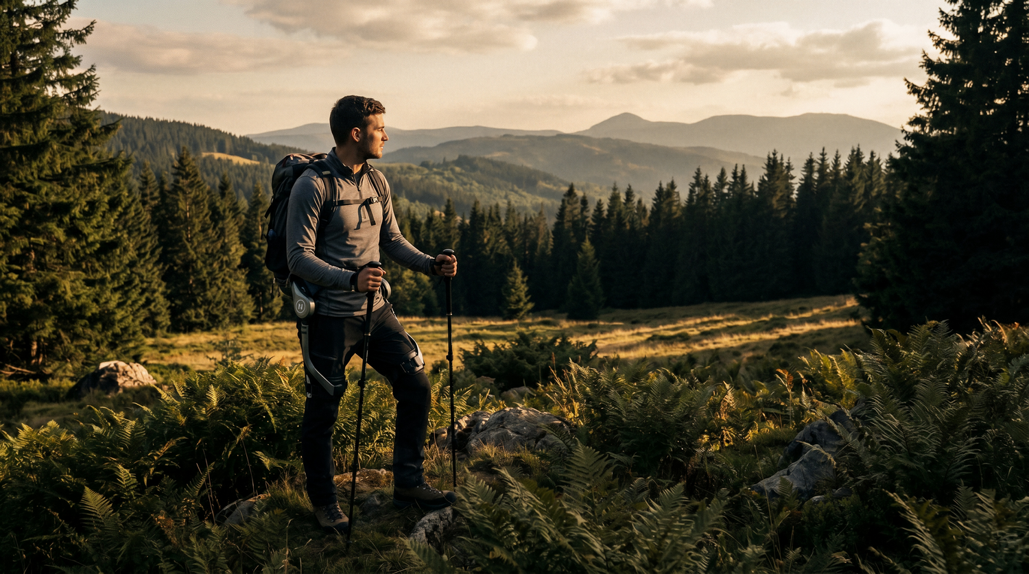 Excursionista con mochila y bastones se encuentra en un paisaje montañoso al atardecer.