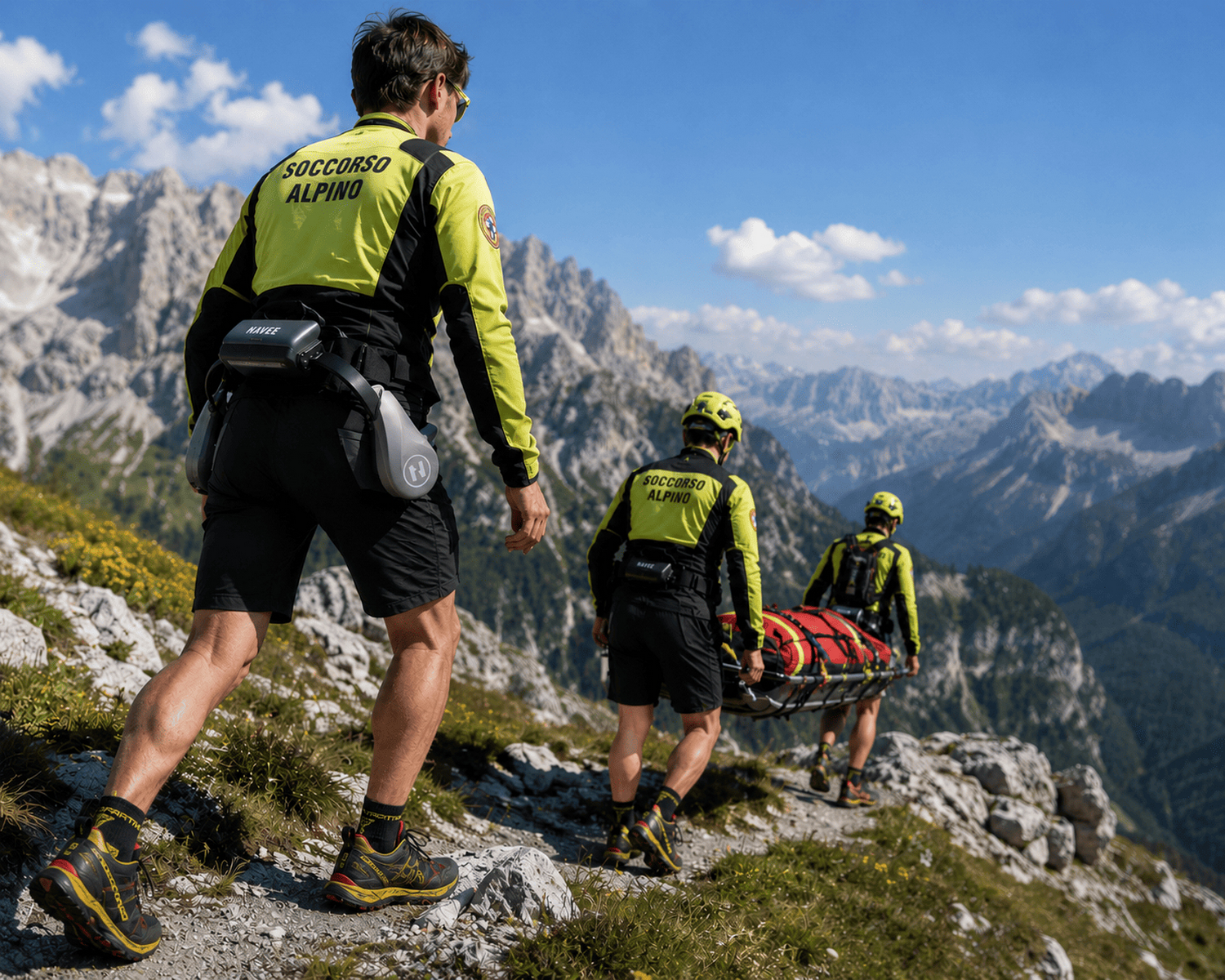 Tres rescatistas de montaña con uniformes amarillo y negro caminan con una camilla por un sendero rocoso.