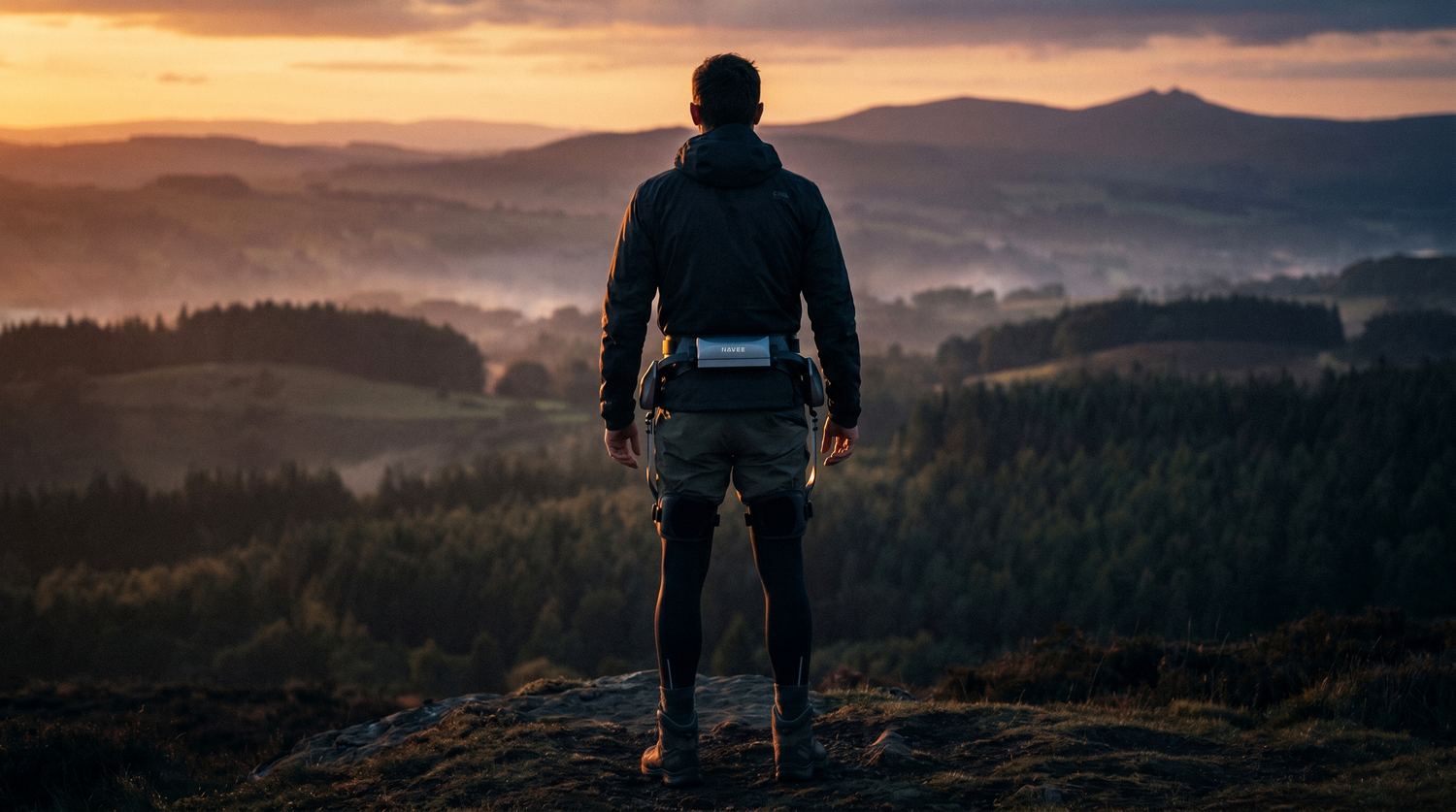 Un hombre se encuentra en la cima de una colina contemplando un paisaje montañoso con niebla al atardecer.