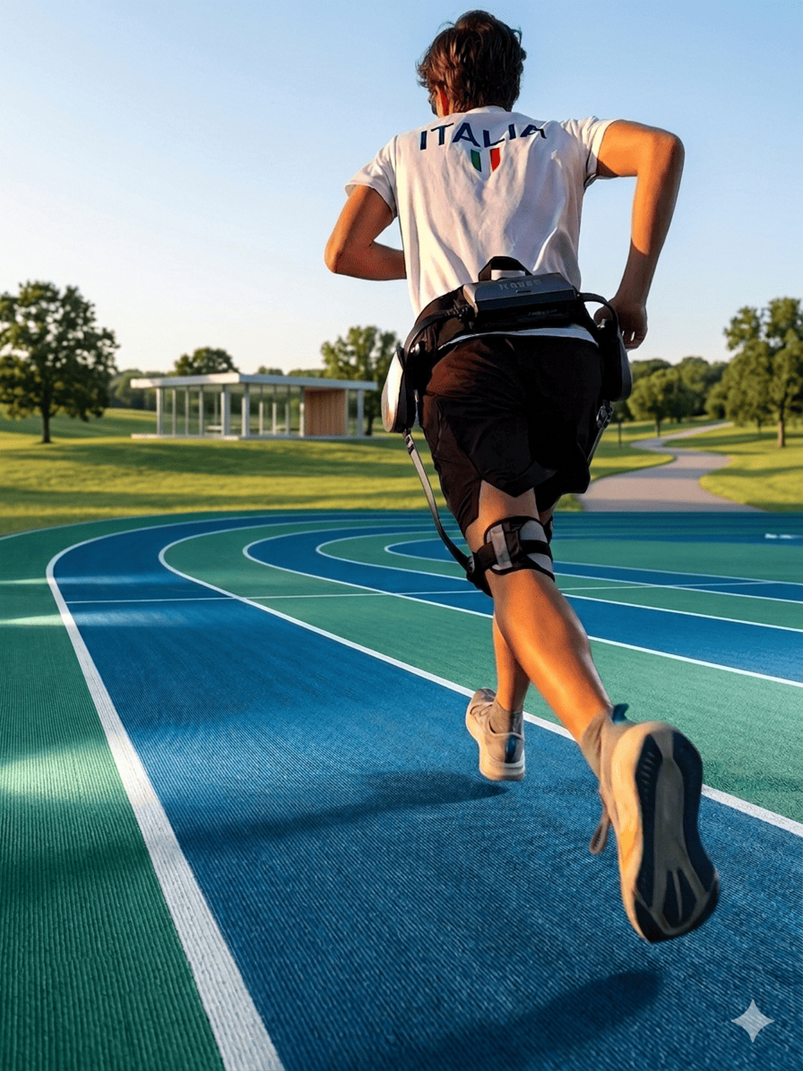 Un corredor con exoesqueleto corre en una pista azul y verde al aire libre.