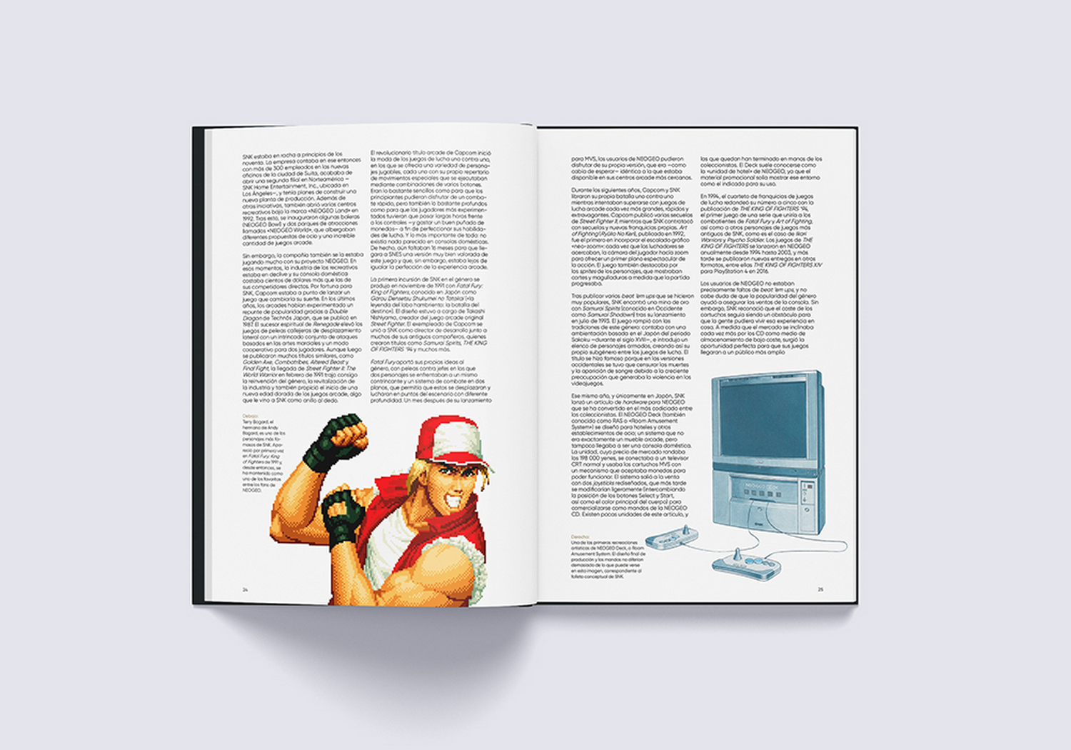 Libro abierto que muestra páginas con texto, un personaje de arte pixelado y un televisor retro con controles.