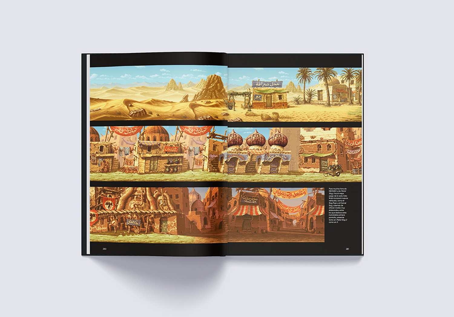 Un libro abierto muestra escenas desérticas de arte pixelado y edificios de un videojuego.