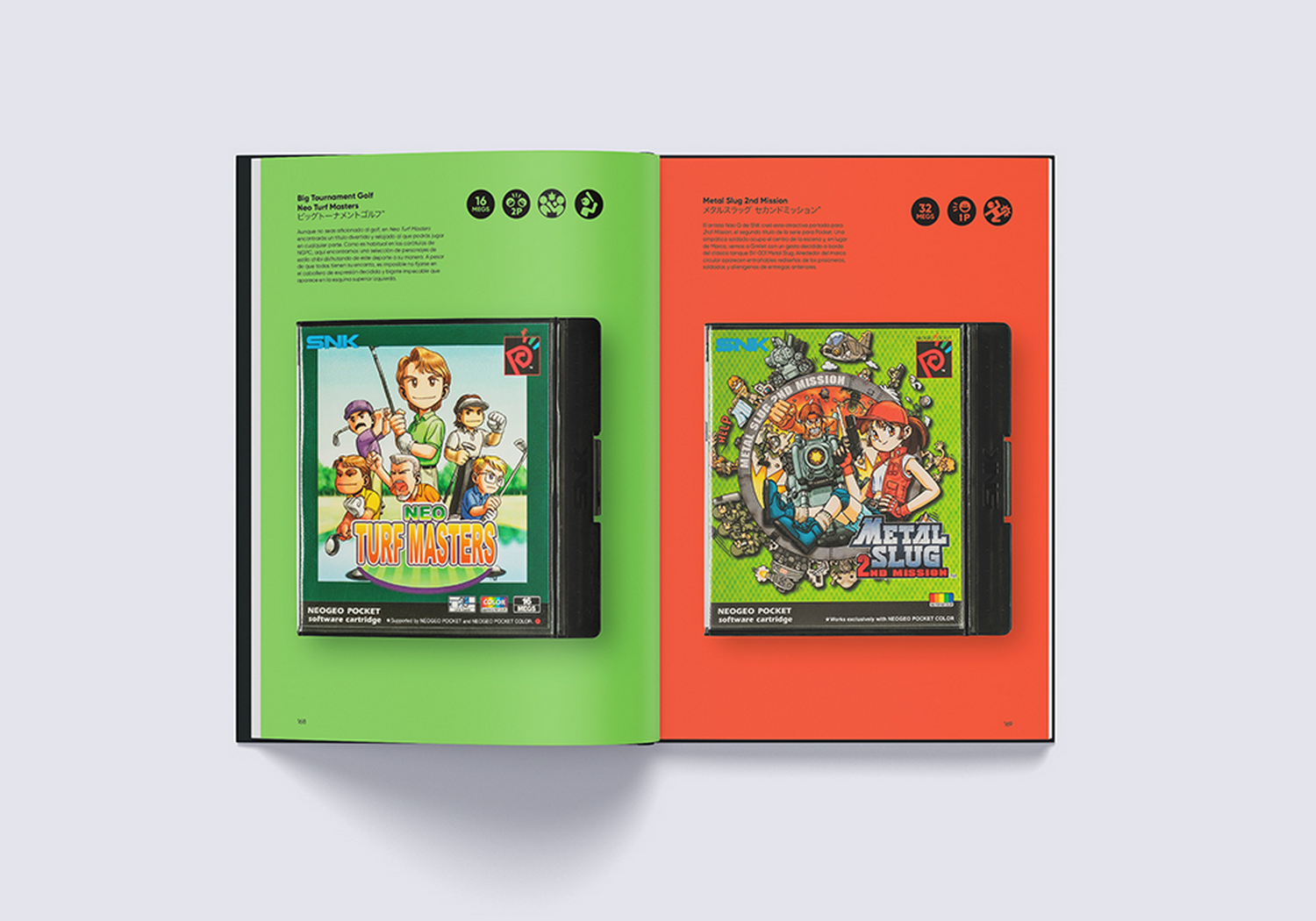 Libro abierto con páginas coloridas que muestran dos cartuchos de juego Neo Geo Pocket, Neo Turf Masters y Metal Slug 2nd.