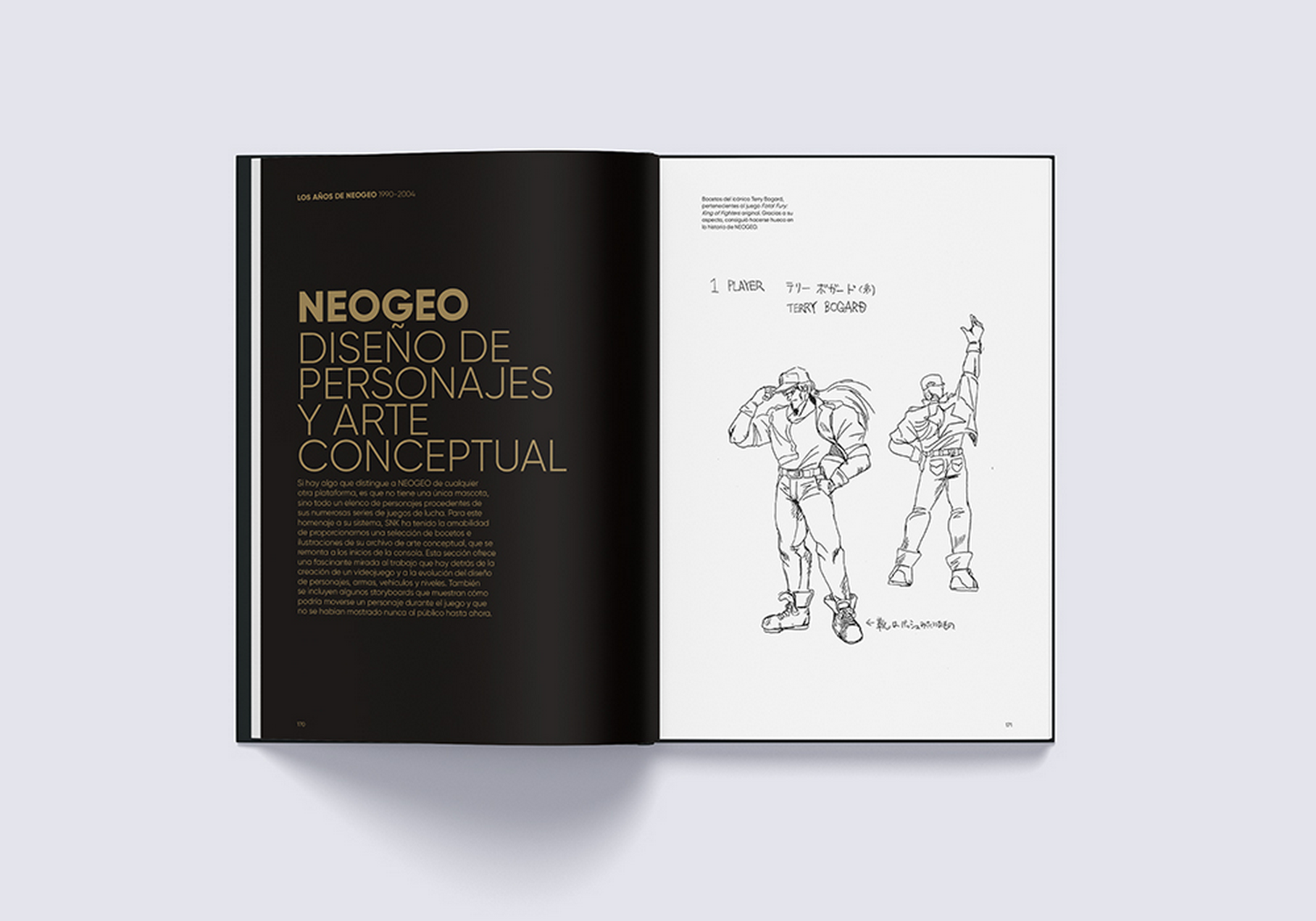Libro abierto con texto dorado en página negra y bocetos conceptuales de Terry Bogard en página blanca.