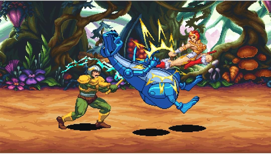 Escena de batalla en pixel art con personajes en un bosque mágico.