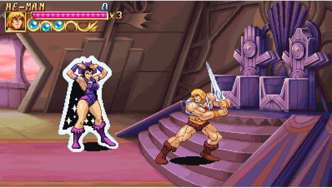 Pantalla de juego pixel art que muestra a He-Man sosteniendo una espada en un castillo.