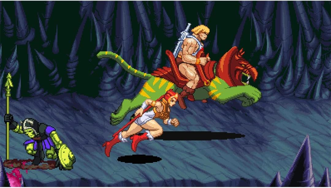 Escena de videojuego pixel art con He-Man en Battle Cat, Teela corriendo y un enemigo en una cueva.